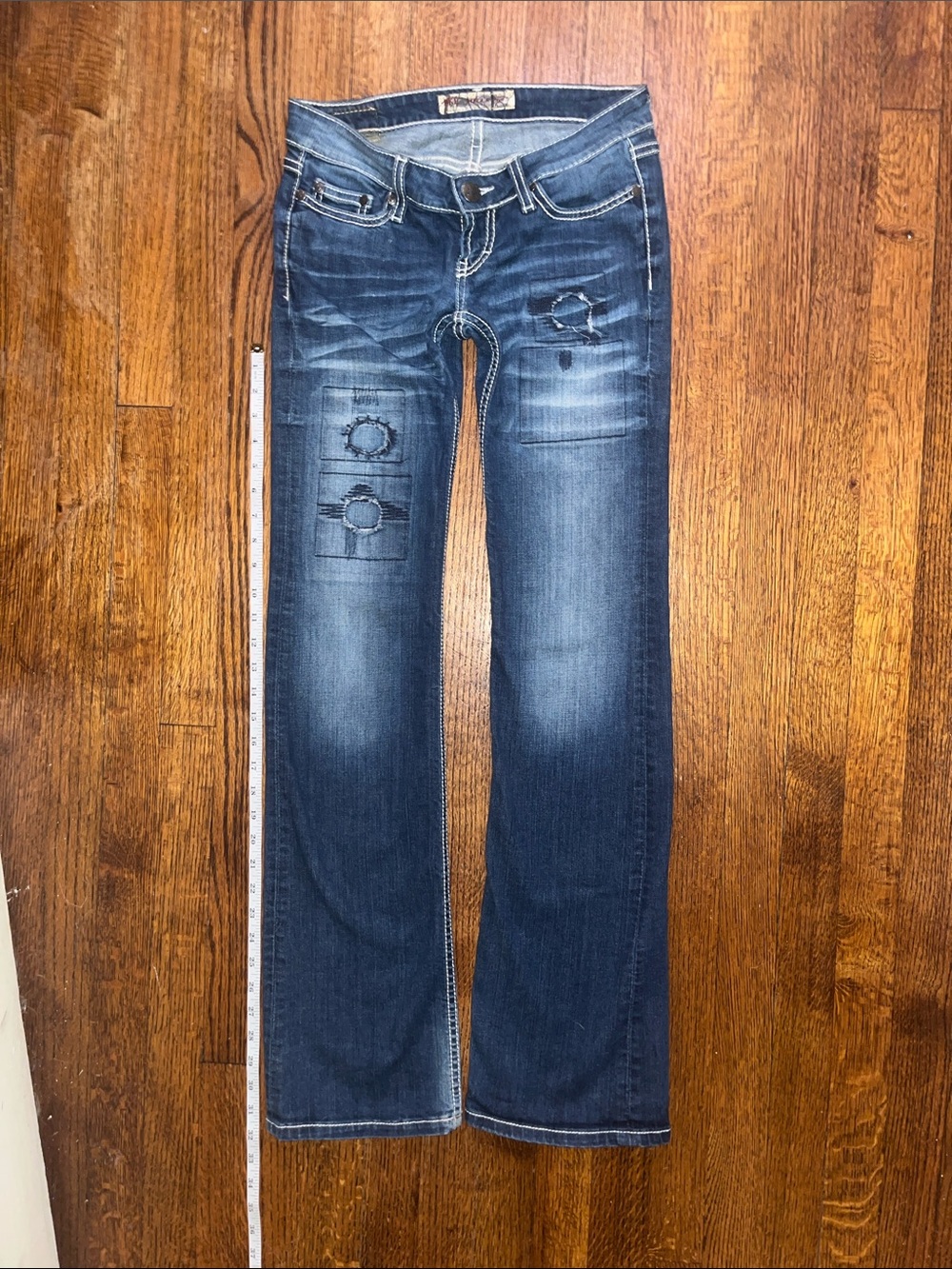 BKE | Women’s Super Low-Rise Dark Blue Distressed Bootcut Jeans